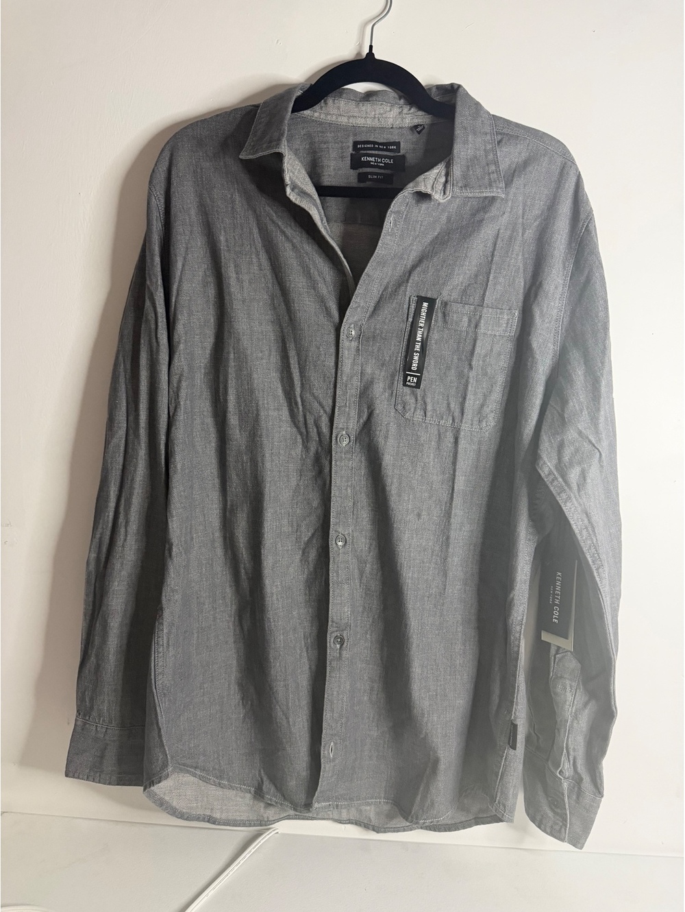Kenneth Cole New York Men's Slim Fit Grey Button-Up Shirt Large